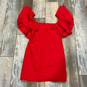 TCEC boutique red, ruffled sleeved dress. Worn only for the photo shoot.